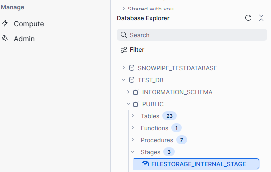 View the newly created internal stage from Database viewer